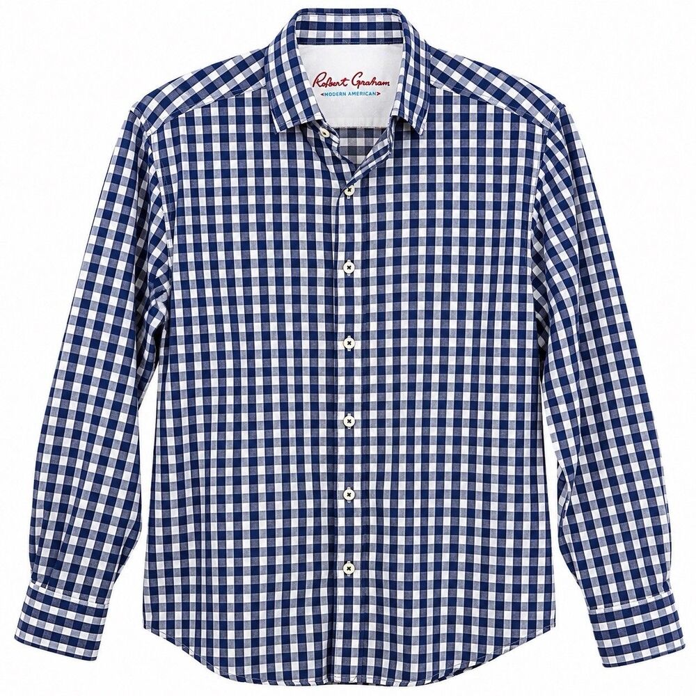 Robert Graham Button Down Shirt Medium Tailored Fit Blue Gingham Linen Cotton
